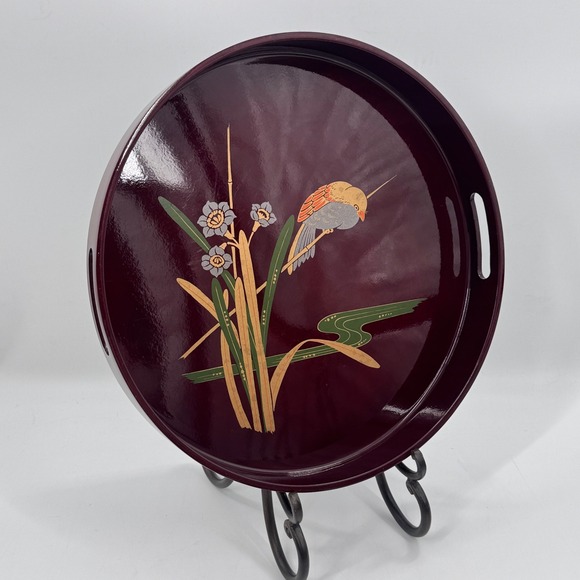 Vintage Japanese Lacquer Tray Bird & Iris Motif Maroon Round Serving Tray Japan - Picture 10 of 10